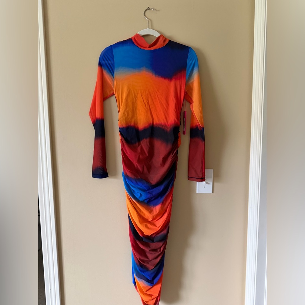 Terez Printed Mesh Mock Neck LS Dress Soft Focus Earth NWT Small